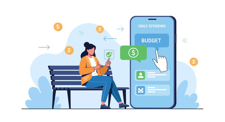 Fototapeta premium Woman Managing Daily Spending Budget on Smartphone App, Financial Planning Concept