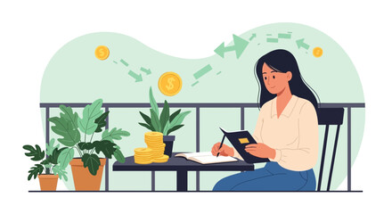 Fototapeta premium Woman managing finances at home, planning budget with coins and notebook