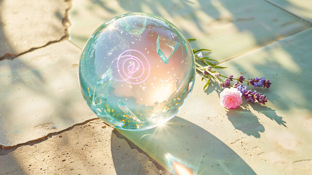 Crystal sphere with holographic data stream on sage‑green tile, high‑contrast summer lighting, commercial advertising style