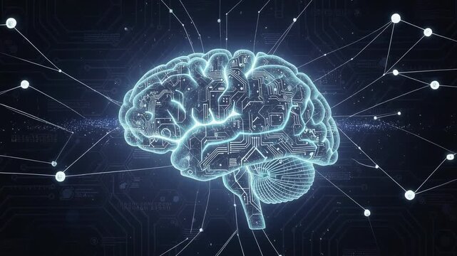 Futuristic digital brain with glowing neural network connections and circuit patterns representing artificial intelligence