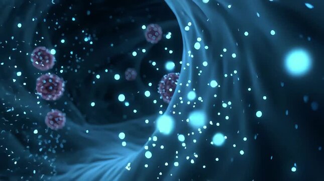 Microscopic visualization of infectious virus cells and glowing pathogens moving through a human biological vessel for medical research science