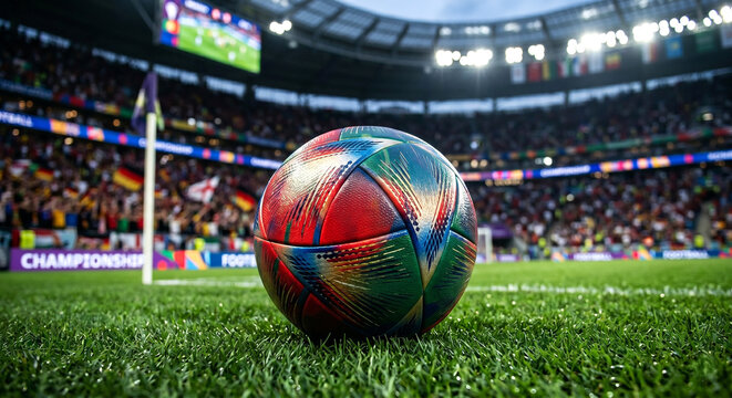  Futuristic Soccer Ball with Abstract Metallic Tournament Print Design on Professional Football Field and Cinematic Sports Championship Background