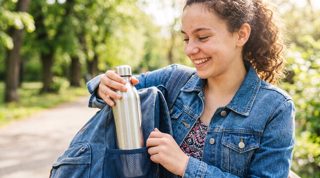 Teenage Girl Taking Her Reusable Water Bottle to School

