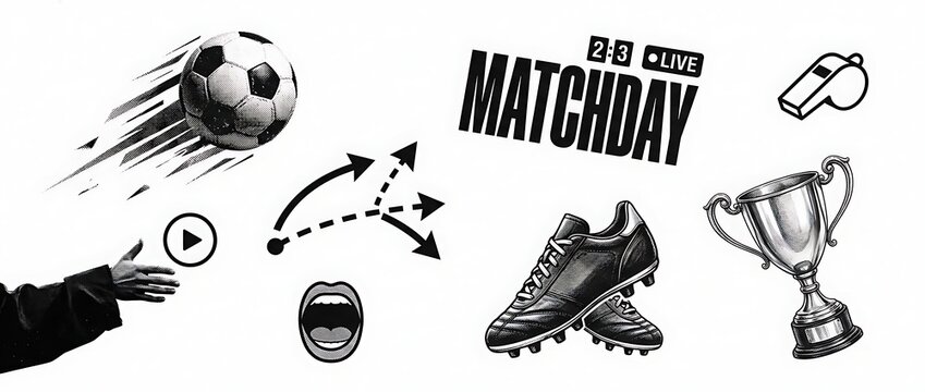 Matchday Illustration - Soccer Ball, Tactics, Whistle, Trophy, and Cleats.