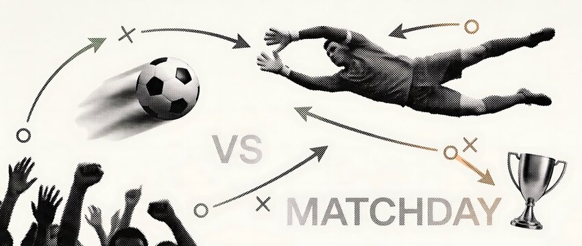 Matchday Soccer Game Strategy Depicted with Ball, Goalie, and Trophy.