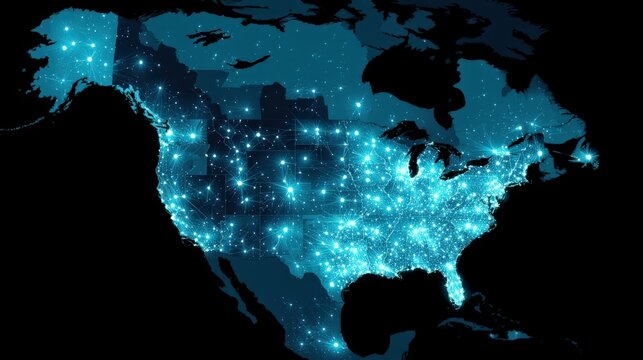 A glowing digital map of North America illuminated by countless points of light. ..Created with Generative AI, not depicting real subjects.