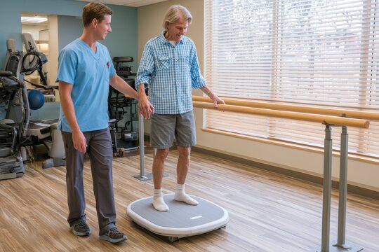 Physical therapist assisting elderly man with balance board exercise near parallel bars