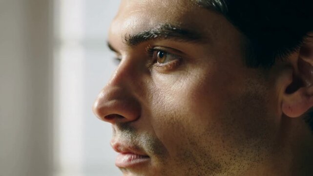 Camera recording man tilting head, parting lips, tracking left near window, catchlight and stubble