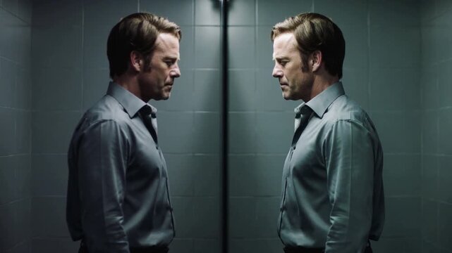 Standing man in tie facing seam at tiled wall reflecting, light causing lowering and resetting