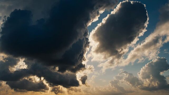 Nuvens din&acirc;micas ao p&ocirc;r do sol acima do c&eacute;u com fundo de timelapse de n&eacute;voa m&iacute;stica.