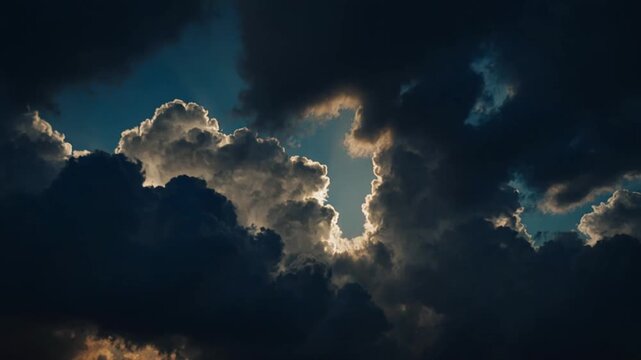 Nuvens din&acirc;micas ao p&ocirc;r do sol acima do c&eacute;u com fundo de timelapse de n&eacute;voa m&iacute;stica.