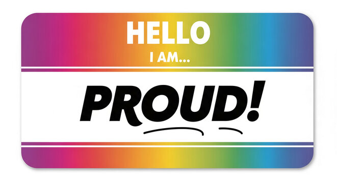 Rainbow gradient sticker with text "HELLO I AM... PROUD!", symbolizing pride, identity, and LGBTQ+ acceptance