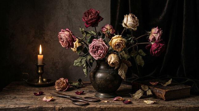 Dark Moody Still Life Photography of Dried Roses in a Vintage Metal Vase on a Rustic Wooden Table with a Lit Candle, Old Scissors, and an Antique Book in a Melancholic Vanitas Style Composition.