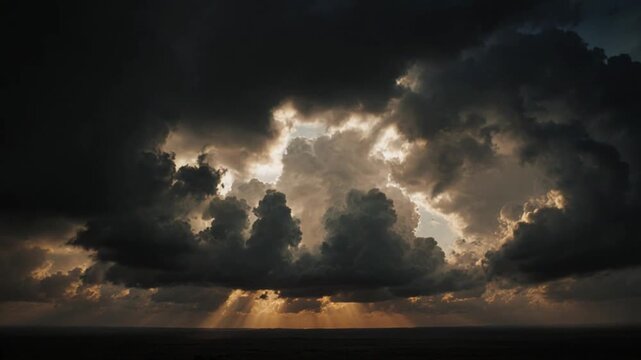 Nuvens din&acirc;micas ao p&ocirc;r do sol acima do c&eacute;u com fundo de timelapse de n&eacute;voa m&iacute;stica.