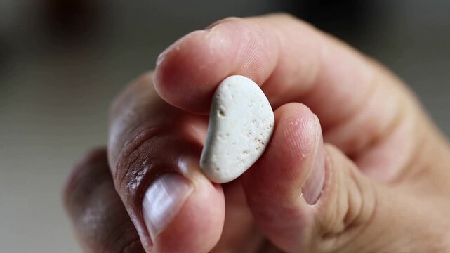 Entering adult hand rotating inspecting small white pebble on bench, showing pores, thumb and index