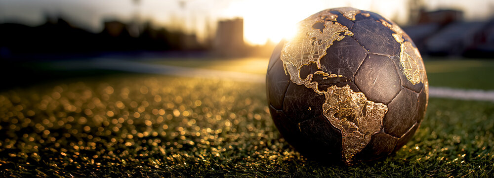Leather soccer ball with golden world map engraving on stadium grass field at sunset