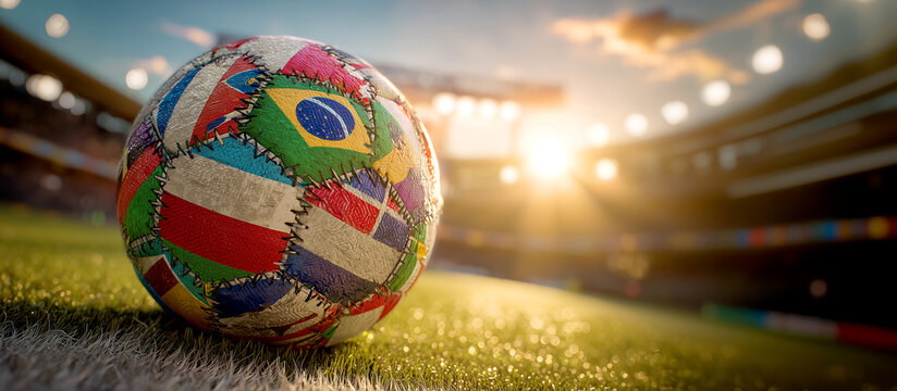 Soccer ball textured with stitched international flags on stadium grass field during beautiful sunset flare, global football championship concept