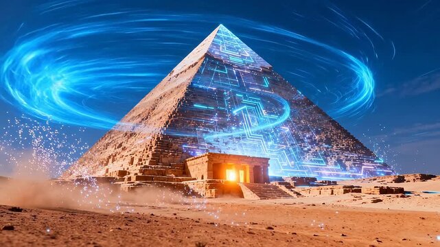 Ancient stone pyramid with glowing blue circuit patterns surrounded by desert and colorful light trails