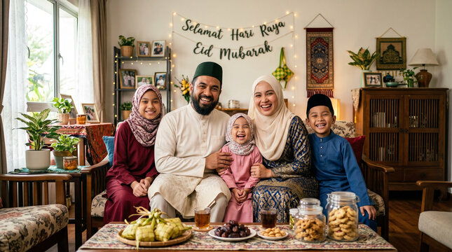 Happy Muslim Family Celebrating Eid al-Fitr and Hari Raya at Home, Wearing Traditional Malay Clothing, Sitting on Sofa with Festive Decorations, Ketupat, Dates, Cookies, Eid Mubarak Banner.