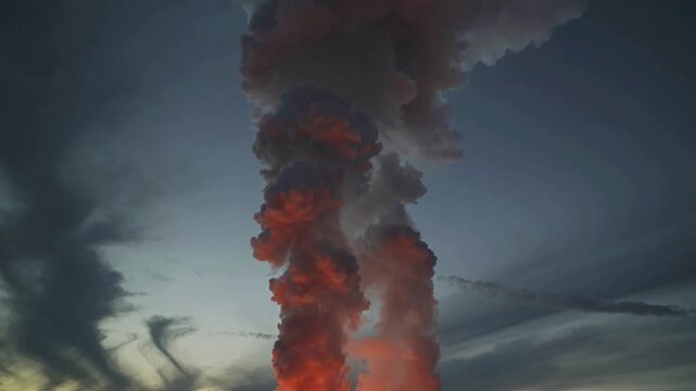 Igniting ring of ground flames fueling tall smoke column rising in rural field at dusk, treeline