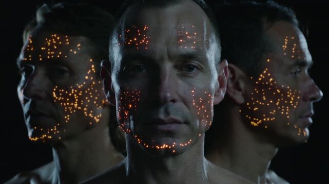 Point lights appearing, 3 shirtless men in studio, forming orange points on cheeks for art