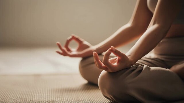 Close up of person meditating in peaceful yoga pose with hands in mudra gesture at home