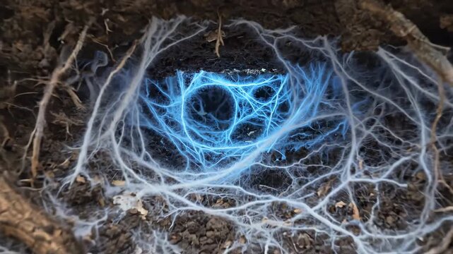 Mycelial network, mycorrhizal fungal growth, intricate tree root system, vital underground symbiosis, earth's biological connections, essential nutrient exchange, natural ecological vitality