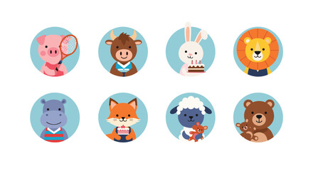 Obraz premium Set of eight circular icons featuring cute cartoon baby animals holding various items like toys and snacks.