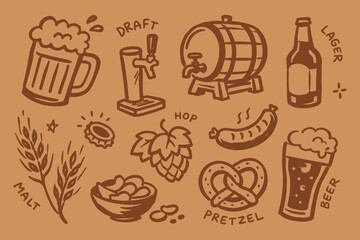 Fototapeta na wymiar Beer Brewery Elements Doodle Sketch Vector Illustration