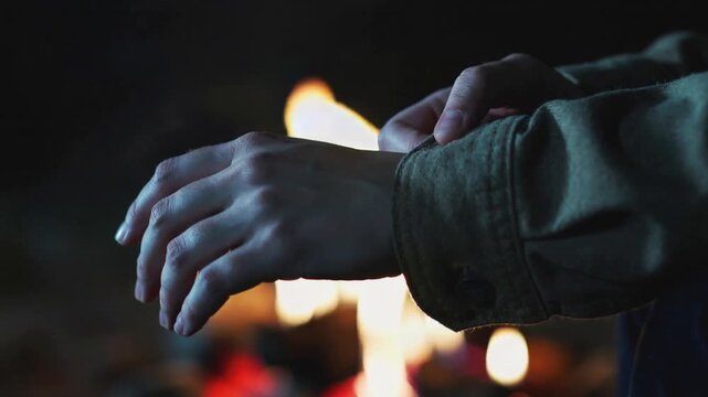 Warming bare hands from fire warmth, rubbing wrist and fixing green jacket cuff at firepit