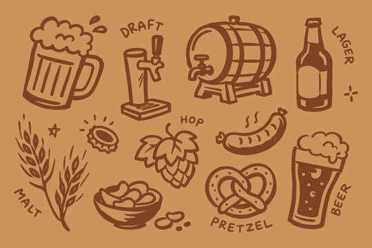 Beer Brewery Elements Doodle Sketch Vector Illustration