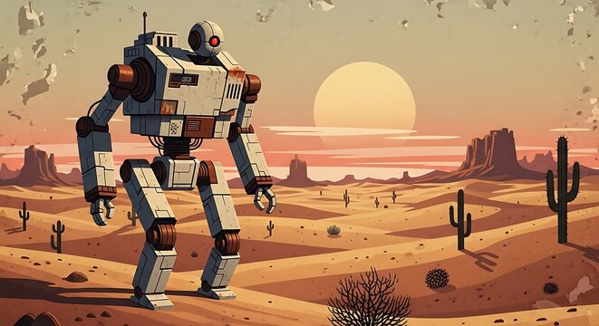 Robot Walking in Desert Landscape at Sunset.