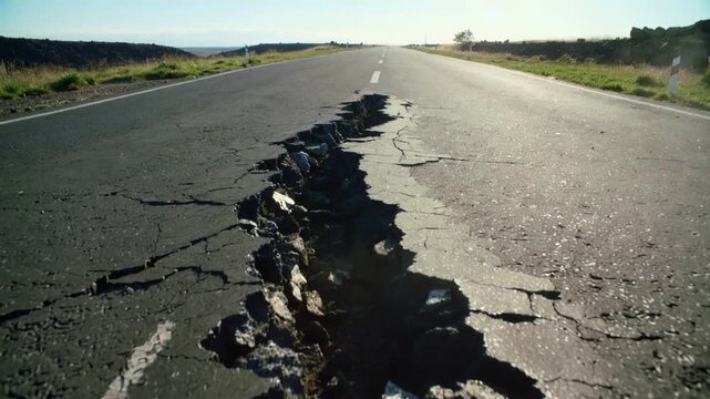 Showing long jagged fissure widening along rural two-lane highway, with broken slabs, dust drifting