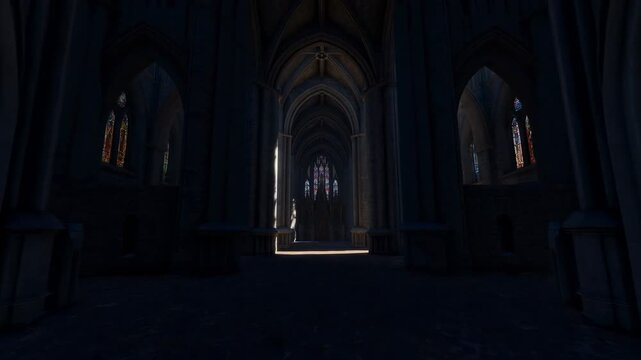 Majestic Church Entry. Shadowed Aisles And Stained Glass Windows Enrich Solemn Sacred Atmosphere Within