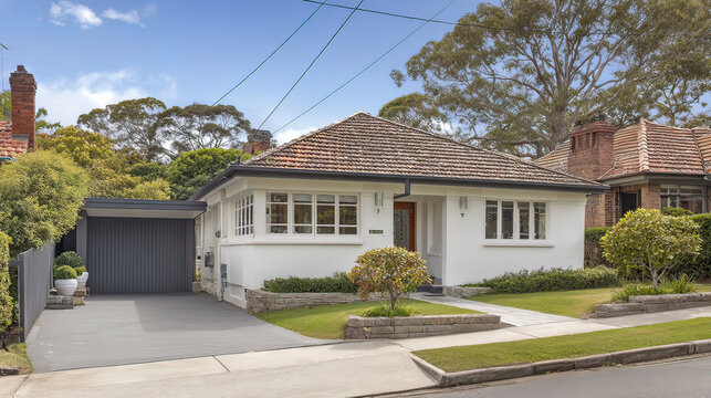 Charming Australian-style suburban home with a manicured lawn, bathed in natural daylight under a soft cloudy sky.
