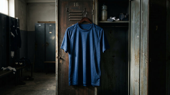 Blue Athletic T-Shirt Mockup Hanging on a Vintage Metal Locker in a Gritty Sports Locker Room, Professional Soccer Jersey for Team Training in a Dark Gym Changing Room Facility Background.