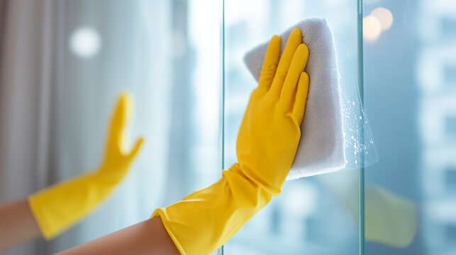 Close-up of gloved hand wiping glass surface with microfiber cloth, representing professional cleaning, hygiene maintenance, and spotless modern interiors.