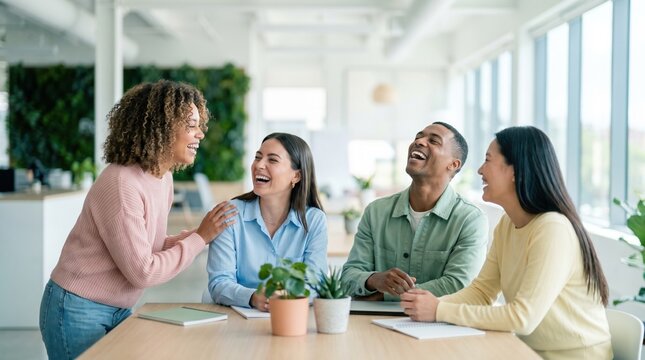 Diverse group of colleagues laughing together at modern office table, natural light and plants creating warm collaborative atmosphere