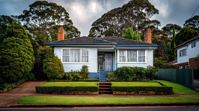 Charming Australian-style suburban home with a manicured lawn, bathed in natural daylight under a soft cloudy sky.
