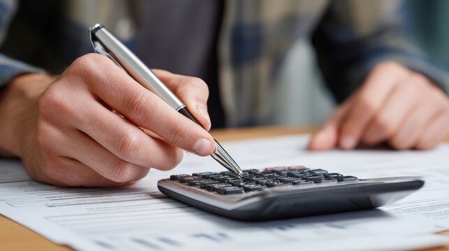 Close-up of hands using a calculator for accounting or calculation. The image evokes a sense of financial management and precision. ..Created with Generative AI, not depicting real subjects.