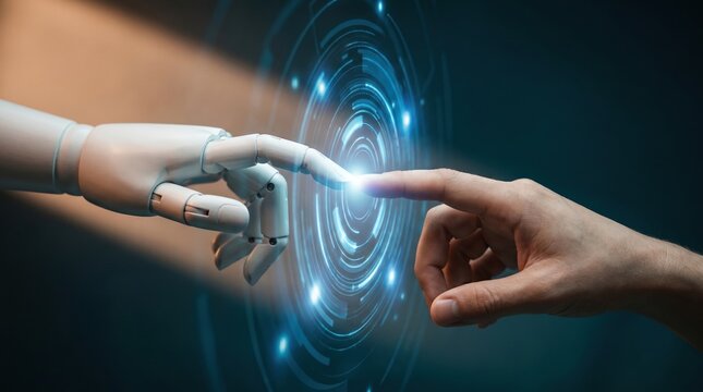 Human finger and robotic finger reaching toward each other with glowing digital interface connection, symbolizing technology interaction, innovation and human machine collaboration