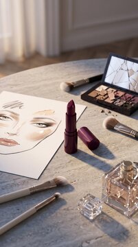 Lipstick and makeup brushes on marble tabletop