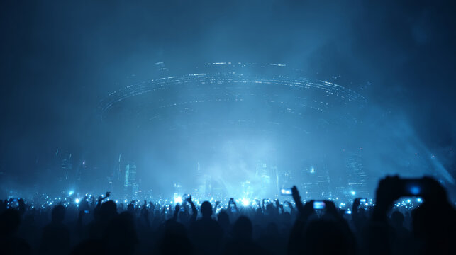 Crowd at futuristic concert with blue lights