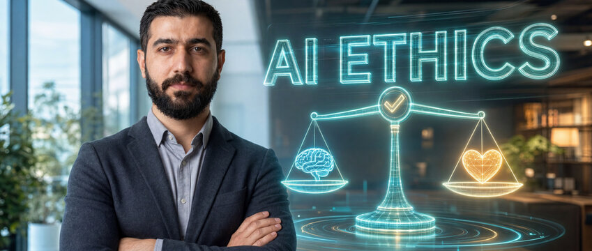 AI ethics concept with person and a glowing holographic balance scale weighing AI brain and heart with lettering in a bright office