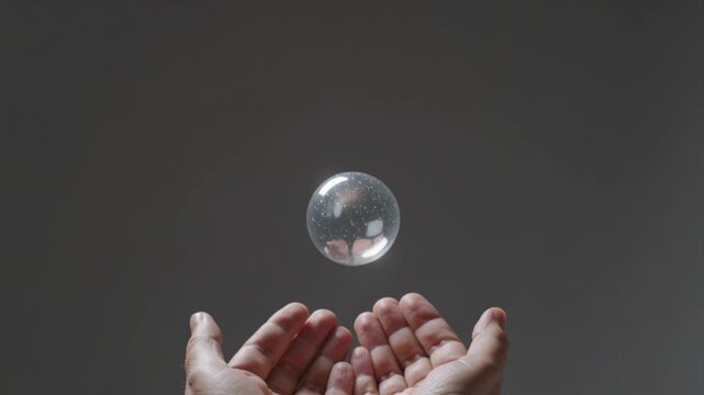 The video shows a pair of hands cupping a clear glass orb that slowly levitates upward against a dark, minimalist background, creating a sense of magic and mystery.
