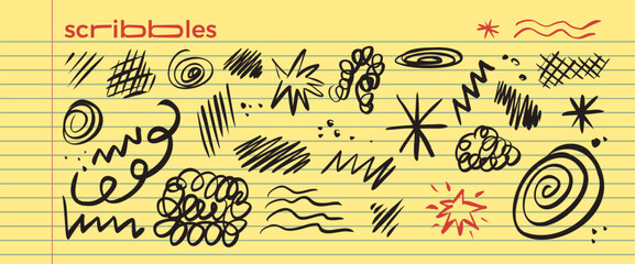 Messy doodles, scribble lines on legal pad yellow paper. Abstract ink pen set with chaotic strokes, textures. Vector hand-drawn stars, highlights lines, spontaneous scribbles, expressive element. © Syuzann q