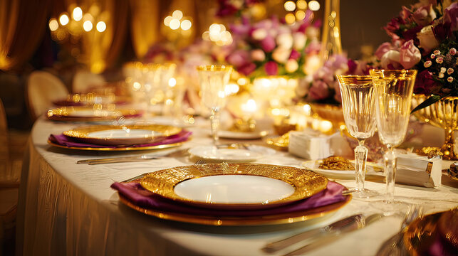 Elegant plated dishes on a banquet table, featuring warm ambient lighting and shallow depth of field.
