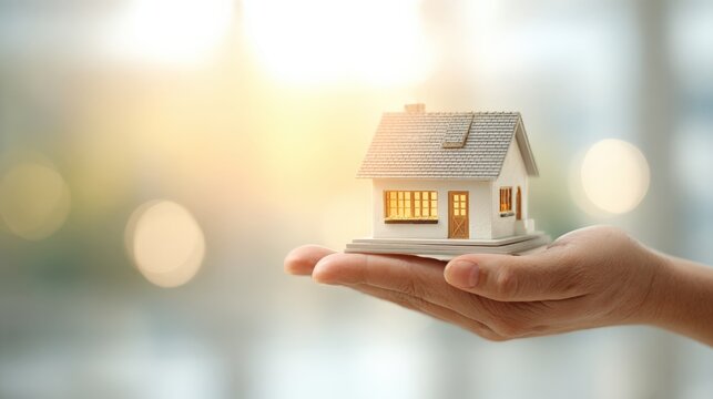 A hand gently cradles a miniature model house, symbolizing dreams of homeownership and the promise of a bright future, bathed in the soft. ..Created with Generative AI, not depicting real subjects.