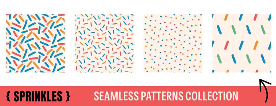 Small dash and sprinkle in seamless pattern tile set for child birthday party. Cute scattered confetti with polka dot prints on beige. Funky vector small seamless pattern doodle pack isolated.