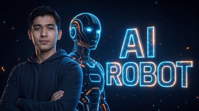 AI robot concept with person and a glowing holographic humanoid AI robot with lettering on a dark background